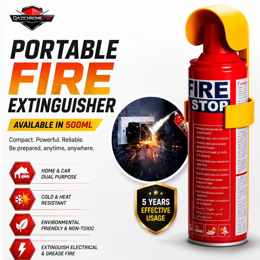 Fire extinguisher with features and benefits highlighted on a white background