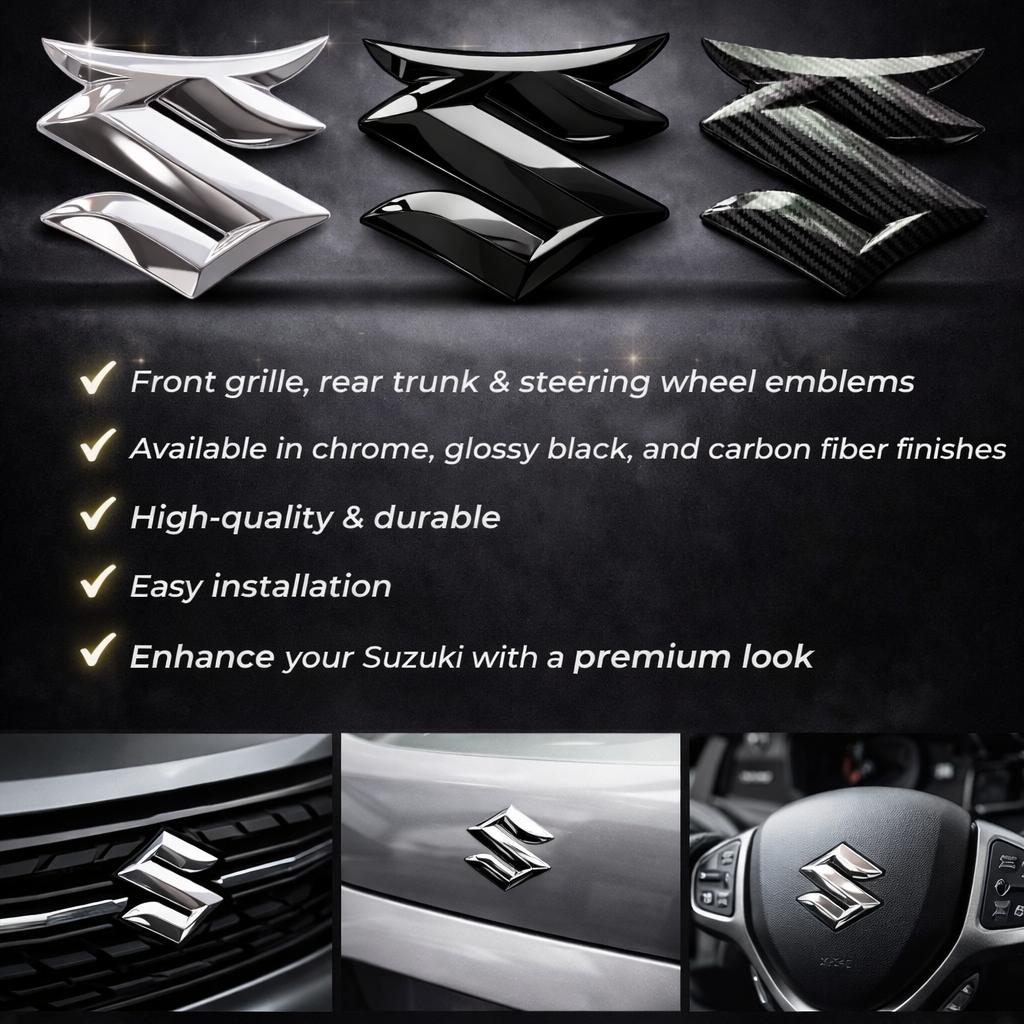 Premium Suzuki Bull Head Logo Set – Front Grill, Rear Trunk & Steering Wheel Emblems