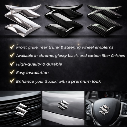 Premium Suzuki Bull Head Logo Set – Front Grill, Rear Trunk & Steering Wheel Emblems