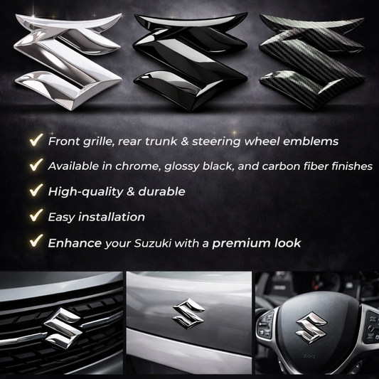 Premium Suzuki Bull Head Logo Set – Front Grill, Rear Trunk & Steering Wheel Emblems