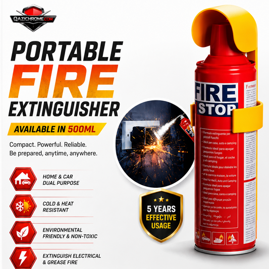 Fire extinguisher with features and benefits highlighted on a white background