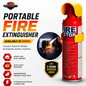 Fire extinguisher with features and benefits highlighted on a white background