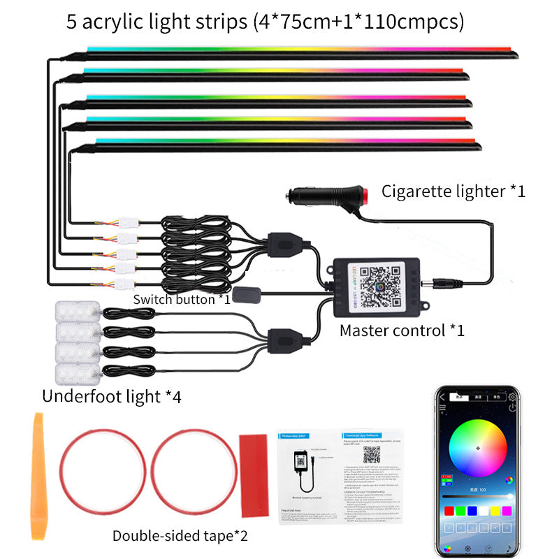 Car Symphony Acrylic Ambient Light Wiring-Free App Control Modified Lighting Car Decorative Light Strip Neutral