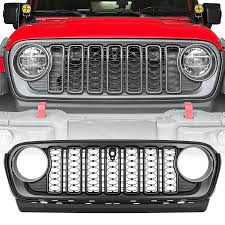 Command the Road: Black Front Mesh Grille for 2018-2024 Jeep Wrangler JL & JT (Rubicon, Sahara, Sport) – With Camera Hole!